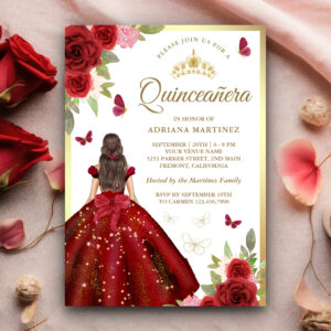 Burgundy Floral Dress Butterfly Quinceanera Invitation