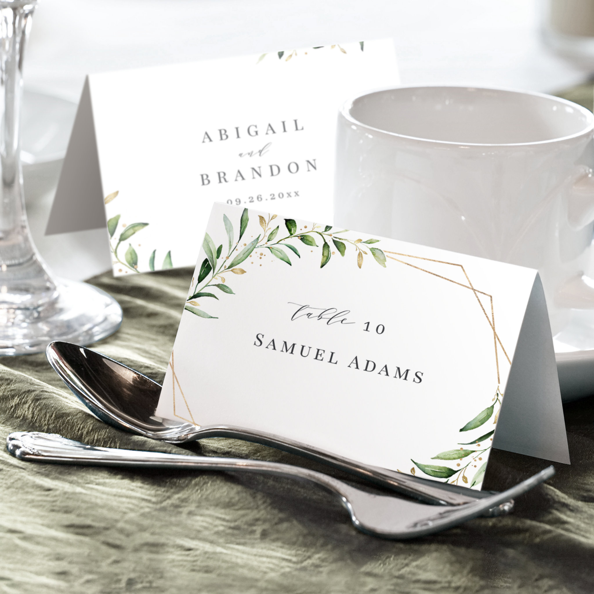 Modern Greenery Gold Geometric Foldable Place Card
