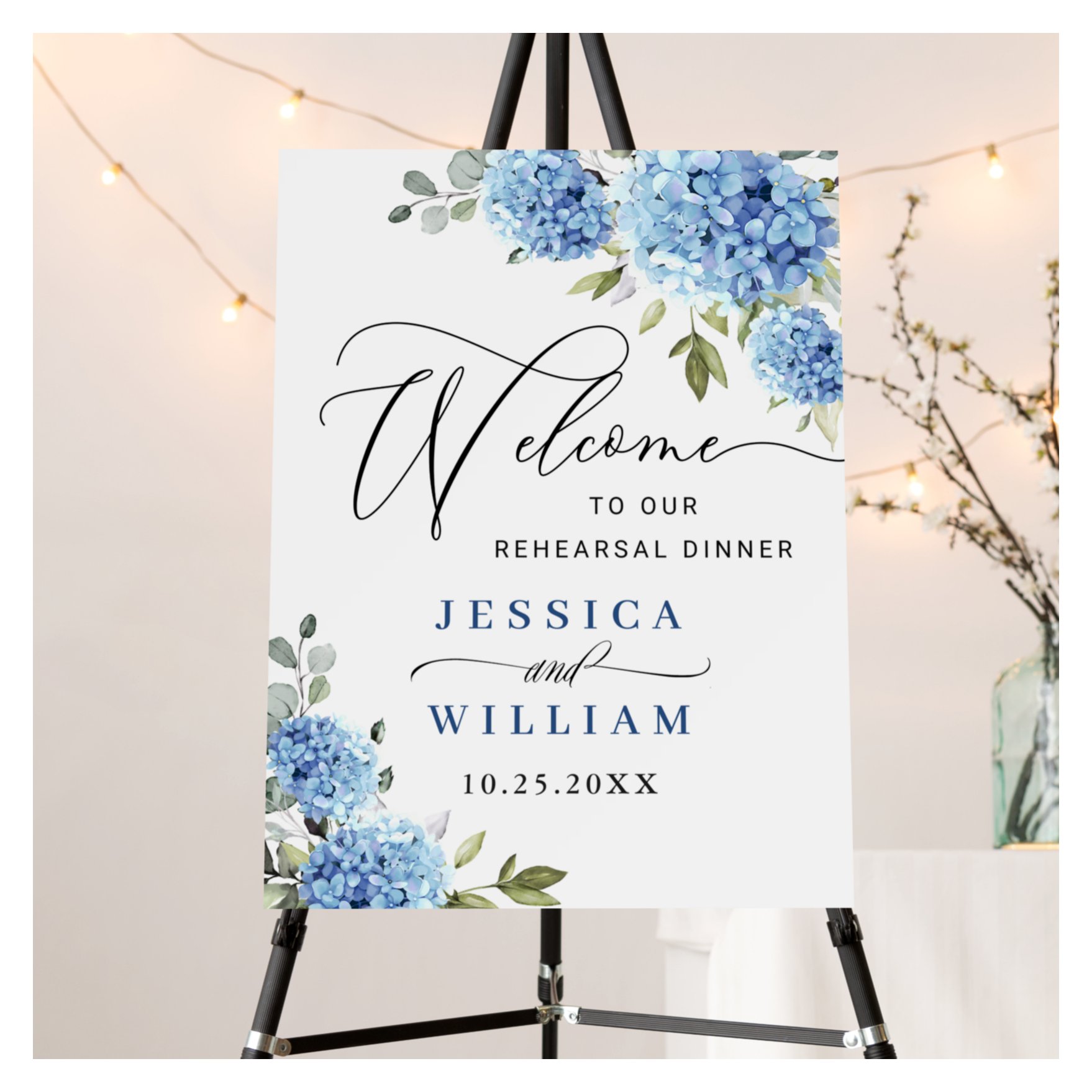 Elegant Blue Hydrangea Eucalyptus REHEARSAL DINNER Foam Board