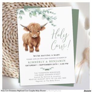 Holy Cow Greenery Highland Cow Couples Baby Shower Invitation