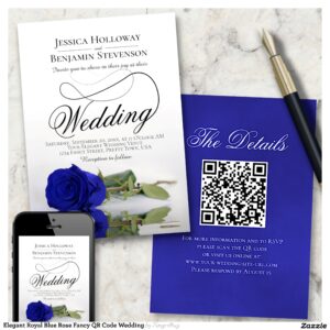 Elegant Royal Blue Rose Fancy QR Code Wedding Invitation