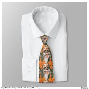 Day of the Dead Sugar Skull with Marigolds Tie