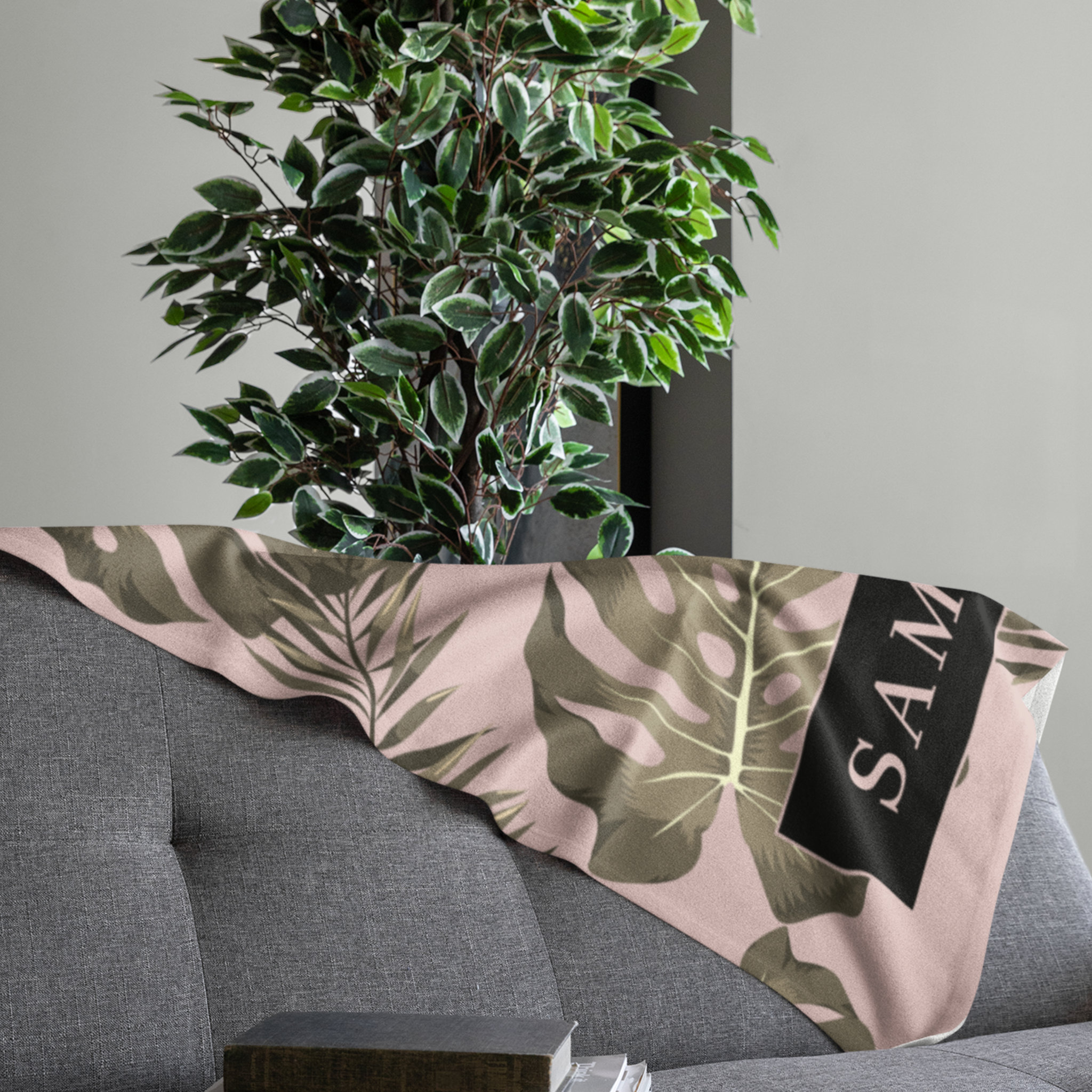 Tropical Pink & Gold Palm Leaves Pattern & Name Sherpa Blanket
