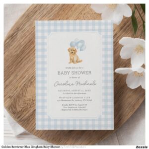 Golden Retriever Blue Gingham Baby Shower Invitation