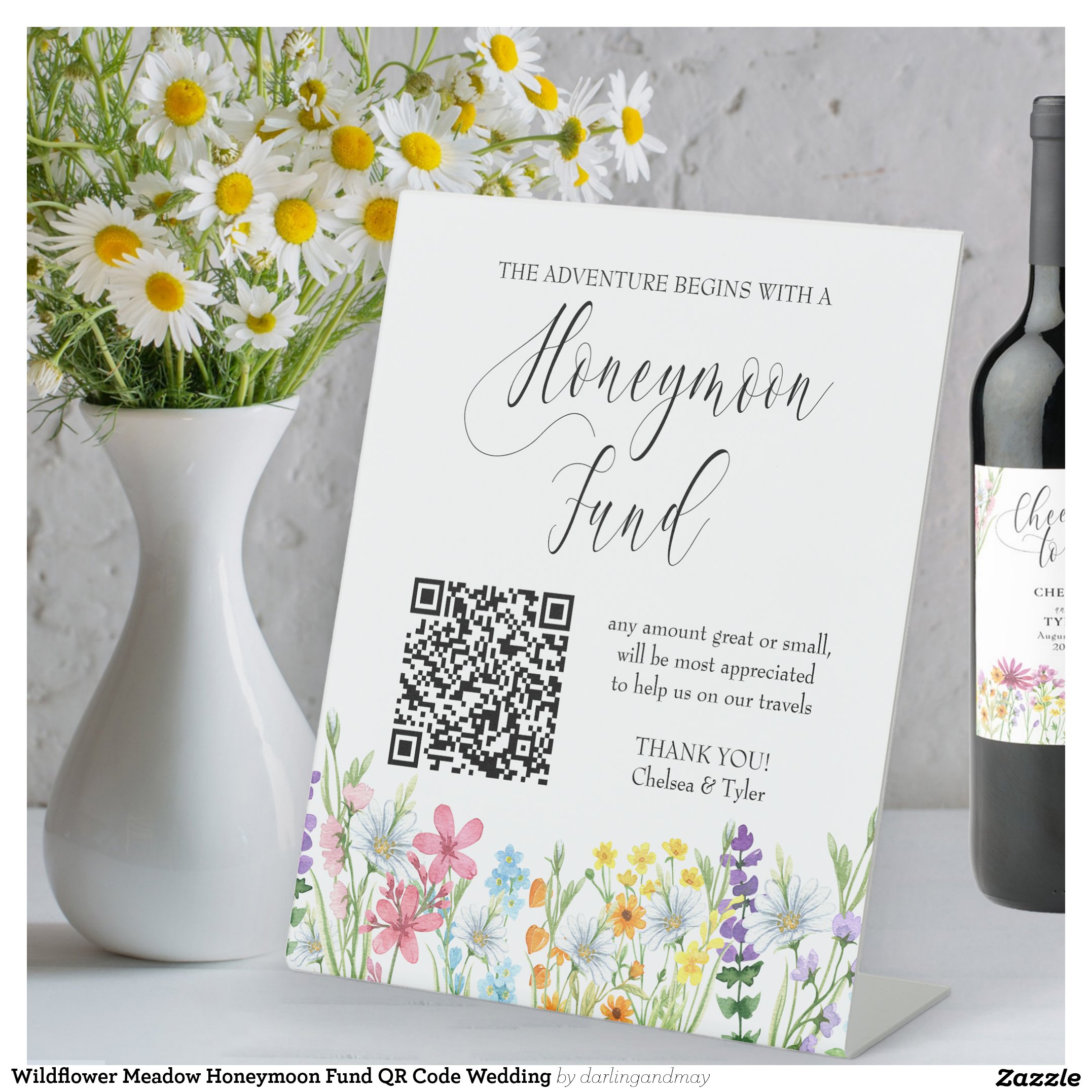 Wildflower Meadow Honeymoon Fund QR Code Wedding Pedestal Sign