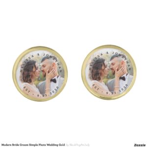 Modern Bride Groom Simple Photo Wedding Gold Cufflinks