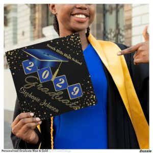 Personalized Graduate Blue & Gold Graduation Cap Topper