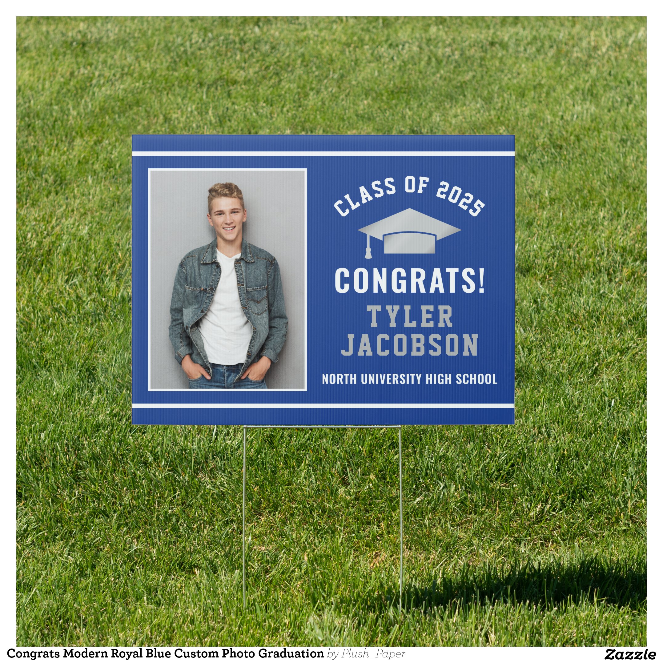Congrats Modern Royal Blue Custom Photo Graduation Sign