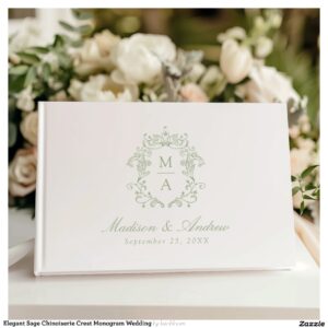 Elegant Sage Chinoiserie Crest Monogram Wedding Guest Book