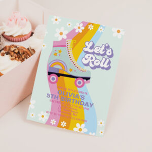 Roller skate groovy Retro Rainbow Birthday Invitation