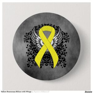 Yellow Awareness Ribbon with Wings Pinback Button
