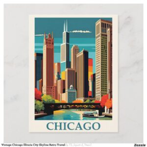 Vintage Chicago Illinois City Skyline Retro Travel Postcard