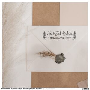 Boho Leaves Modern Script Wedding Return Address Rubber Stamp