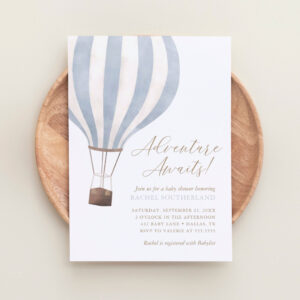 Adventure Awaits Blue Hot Air Balloon Baby Shower Invitation