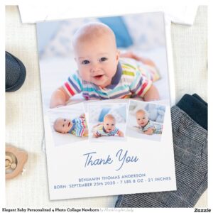 Elegant Baby Personalized 4 Photo Collage Newborn Thank You Card