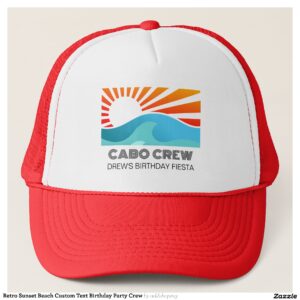 Retro Sunset Beach Custom Text Birthday Party Crew Trucker Hat