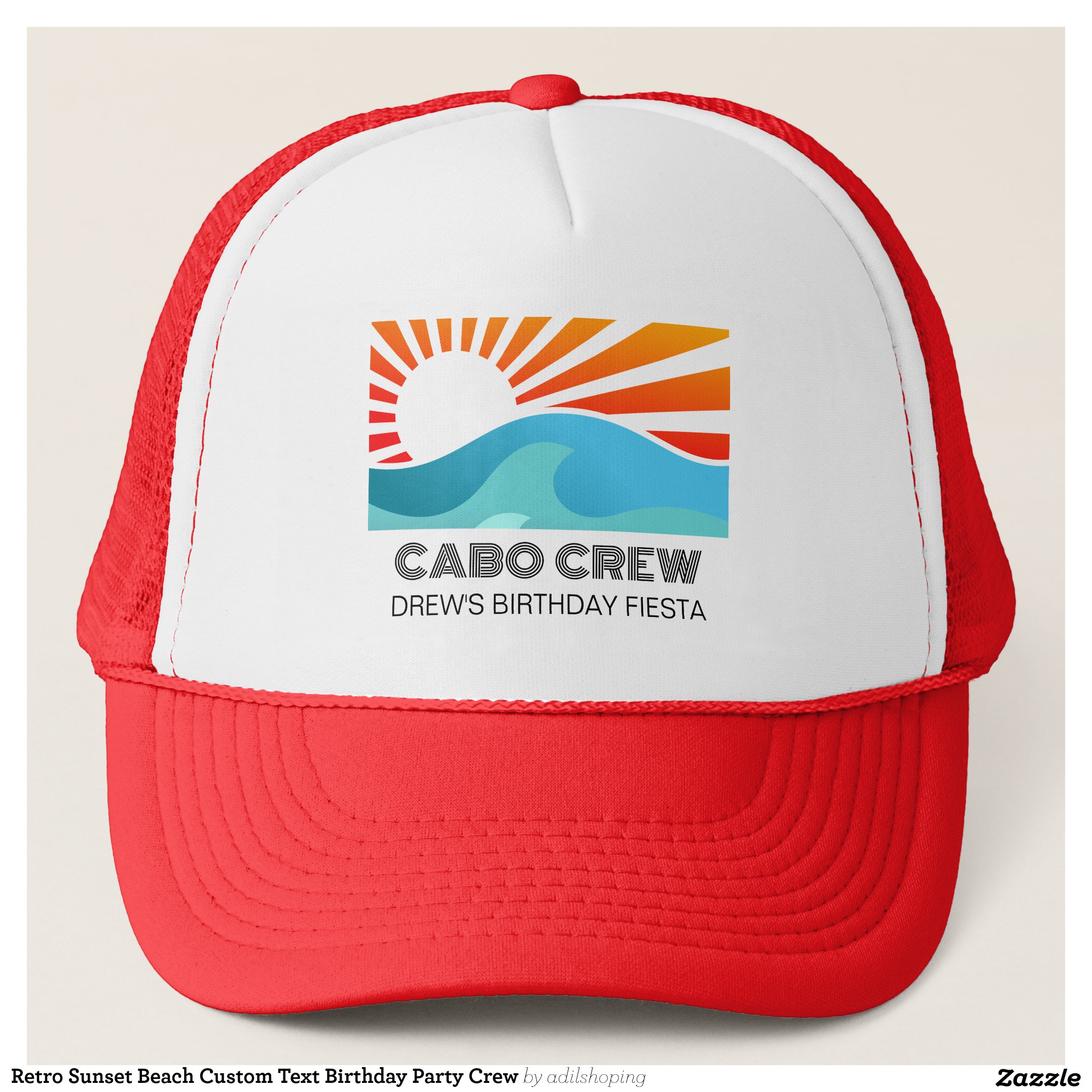 Retro Sunset Beach Custom Text Birthday Party Crew Trucker Hat