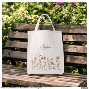Watercolor Wildflowers Boho Stylish with Monogram Tote Bag