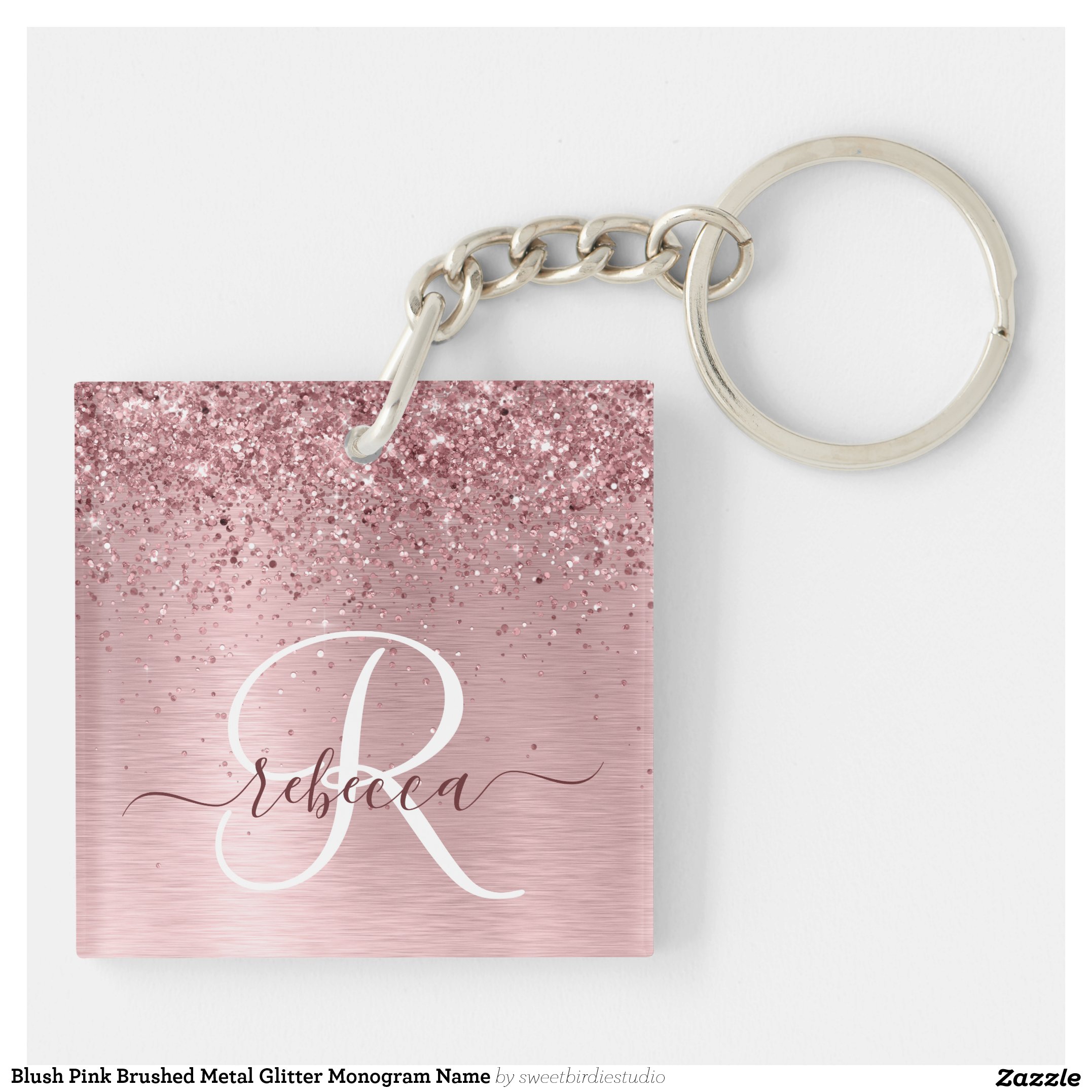 Blush Pink Brushed Metal Glitter Monogram Name Keychain