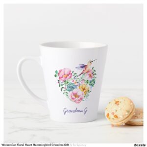Watercolor Floral Heart Hummingbird Grandma Gift Latte Mug