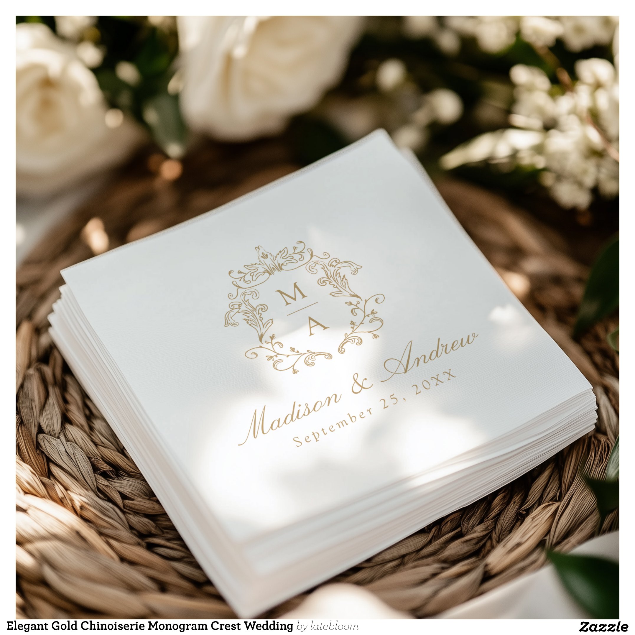 Elegant Gold Chinoiserie Monogram Crest Wedding Napkins
