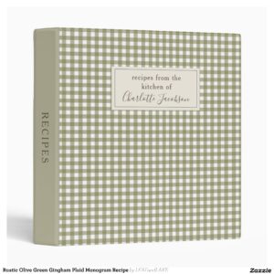 Rustic Olive Green Gingham Plaid Monogram Recipe 3 Ring Binder