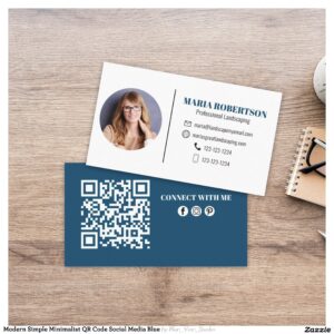 Modern Simple Minimalist QR Code Social Media Blue Business Card