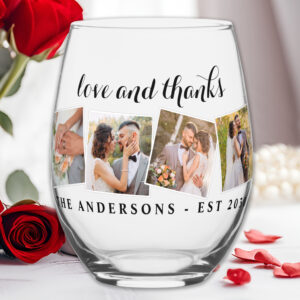Love & Thanks Custom Photo Collage Modern Wedding Stemless Wine Glass