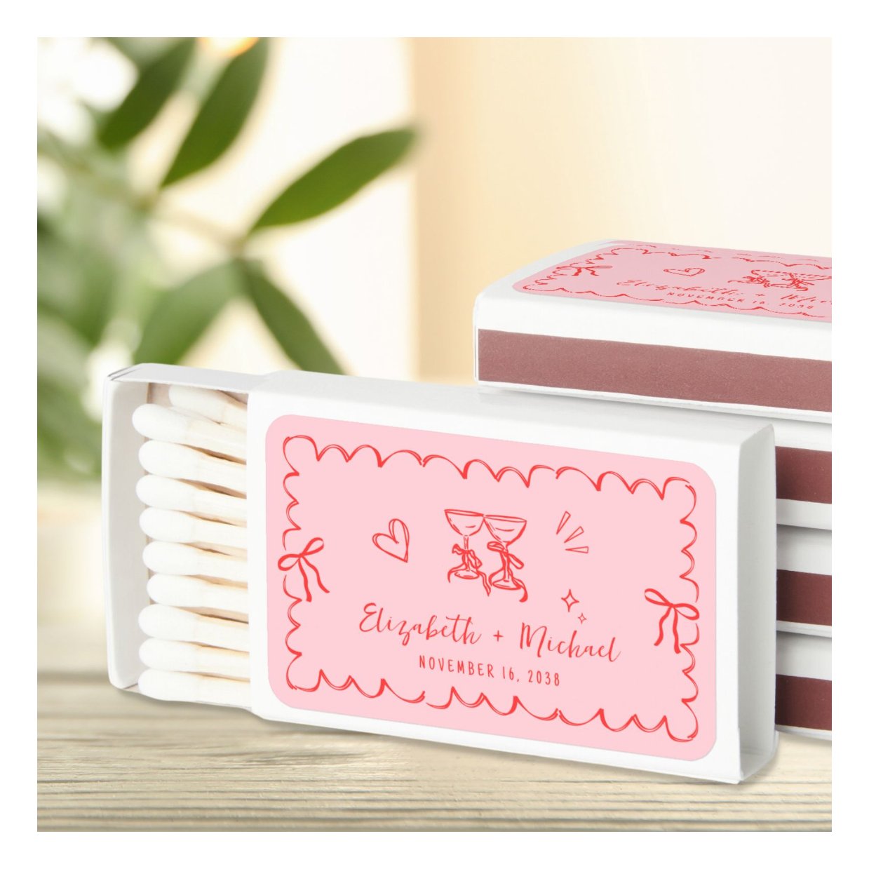 Whimsical Pink Red Wavy Frame Wedding Favor Matchboxes