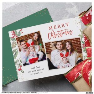 Chic Holly Berries Merry Christmas 2 Photo Holiday Card