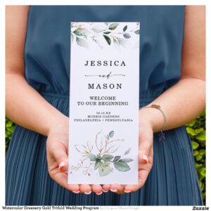 Watercolor Greenery Gold Trifold Wedding Program Flyer