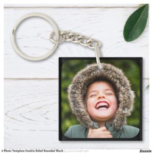 2 Photo Template Double Sided Rounded Black Keychain