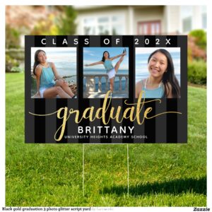 Black gold graduation 3 photo glitter script yard sign