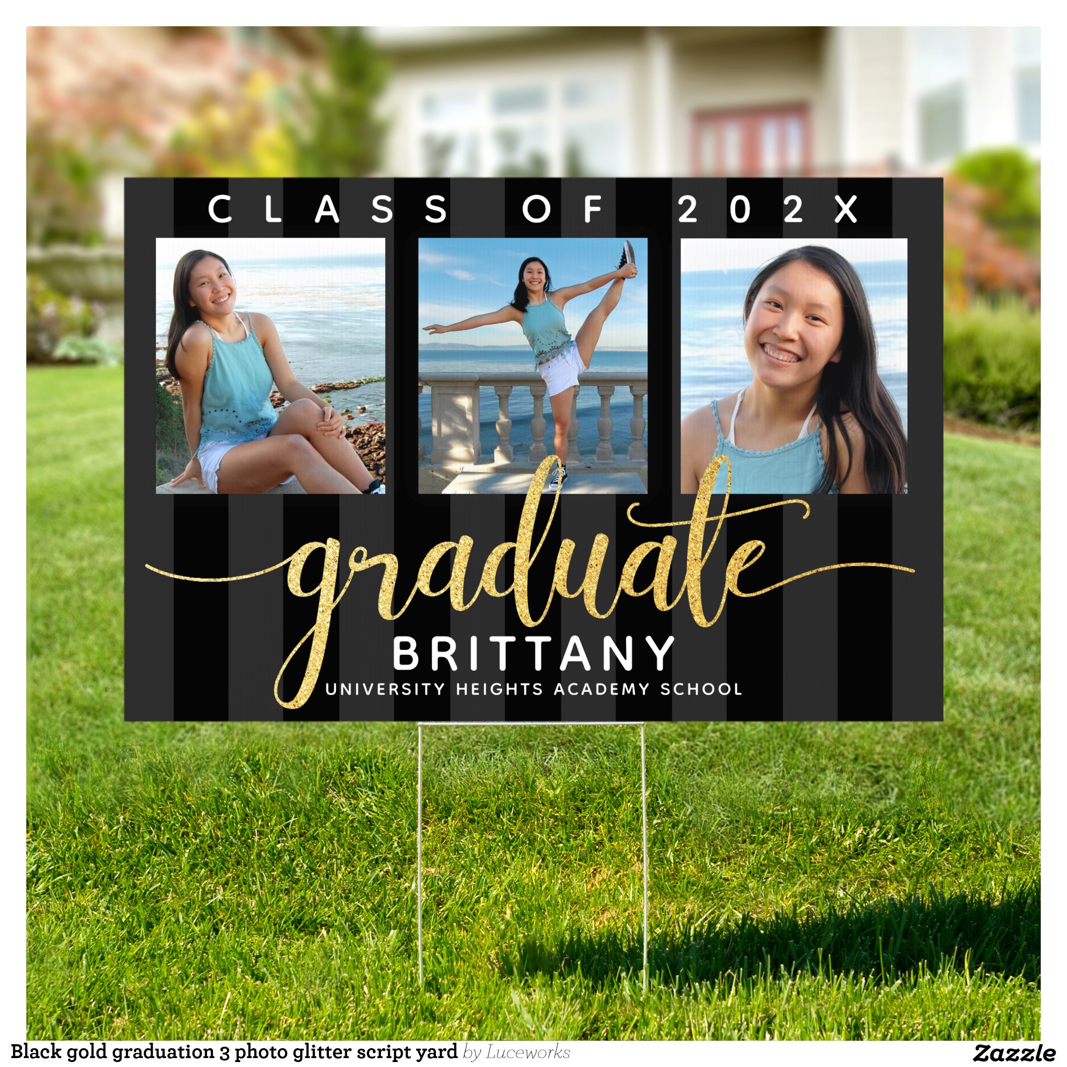 Black gold graduation 3 photo glitter script yard sign