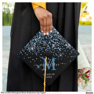 Blue Confetti Monogram Name Graduation Cap Topper