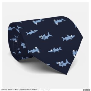 Cartoon Shark In Blue Ocean Abstract Pattern Neck Tie