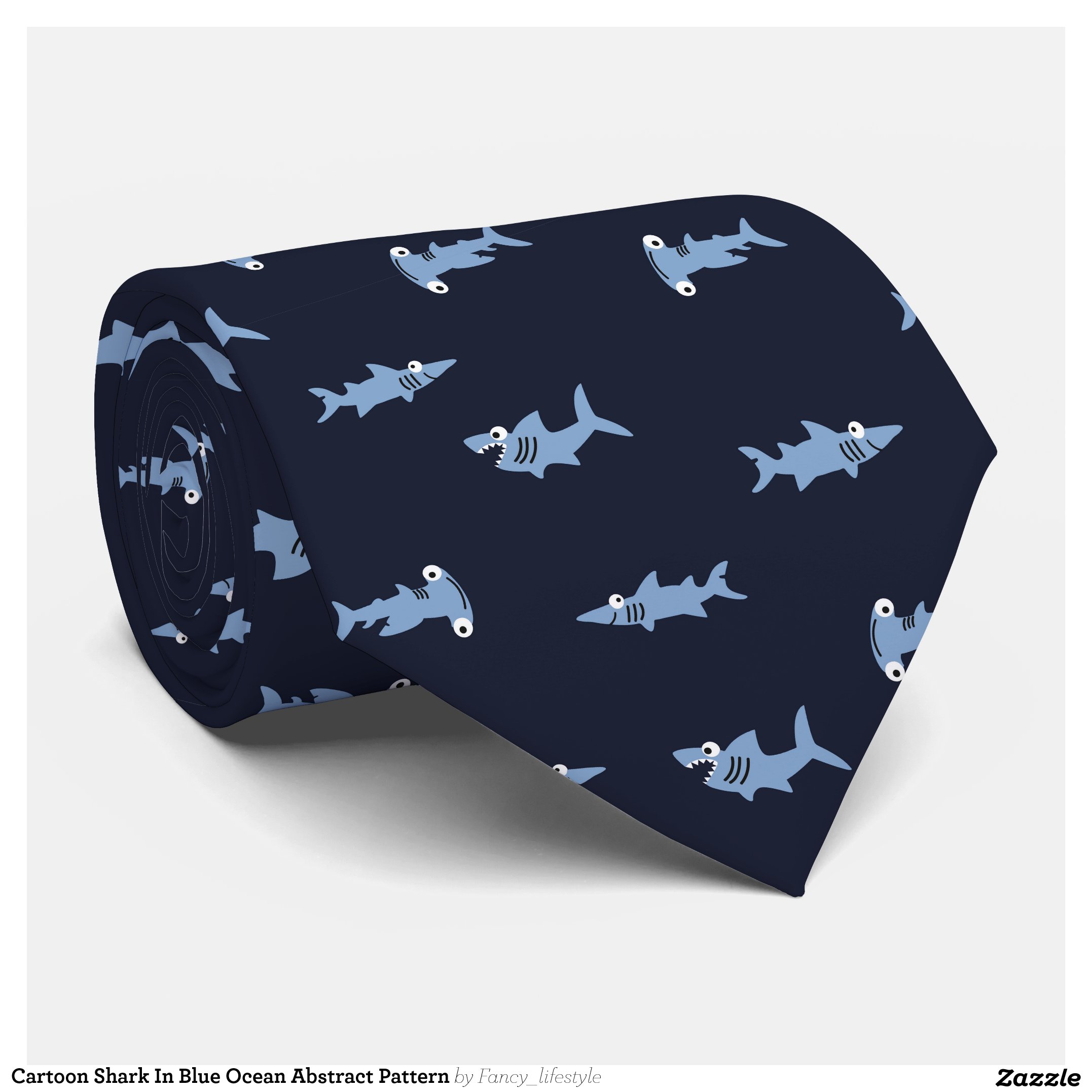 Cartoon Shark In Blue Ocean Abstract Pattern Neck Tie