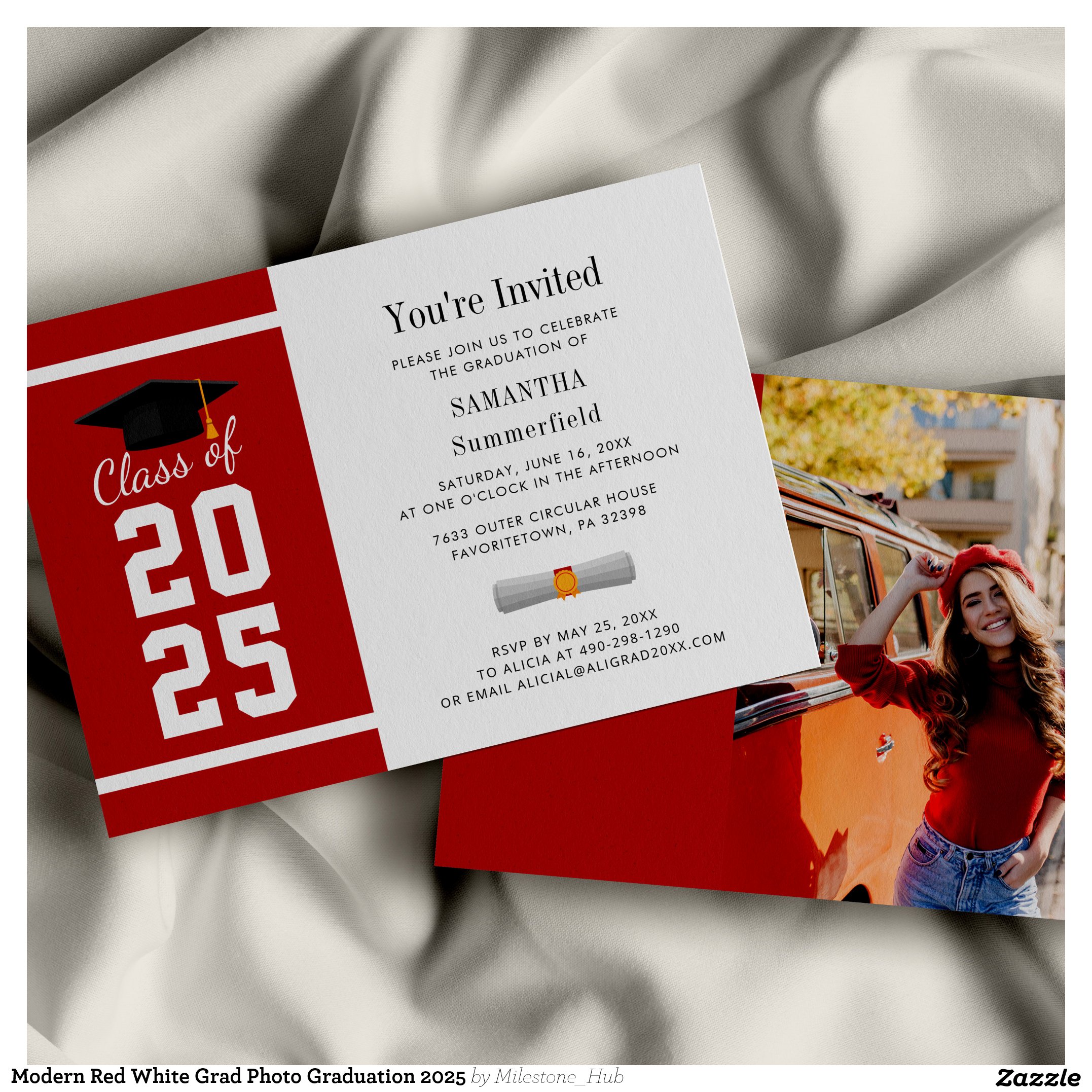 Modern Red White Grad Photo Graduation 2025 Invitation