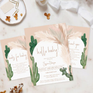 Boho cactus pampas arch hello baby shower invitation