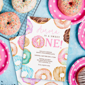Sweet One watercolor cute donuts 1st birthday Invitation