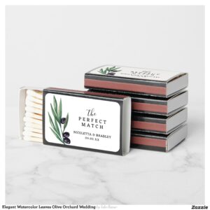 Elegant Watercolor Leaves Olive Orchard Wedding Matchboxes