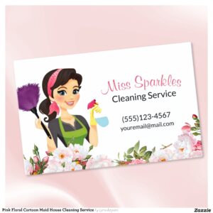 Pink Floral Cartoon Maid House Cleaning Service Business Card