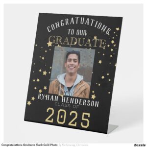 Congratulations Graduate Black Gold Photo Pedestal Sign