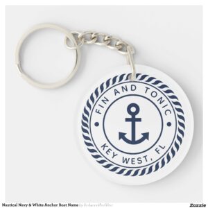 Nautical Navy & White Anchor Boat Name Keychain