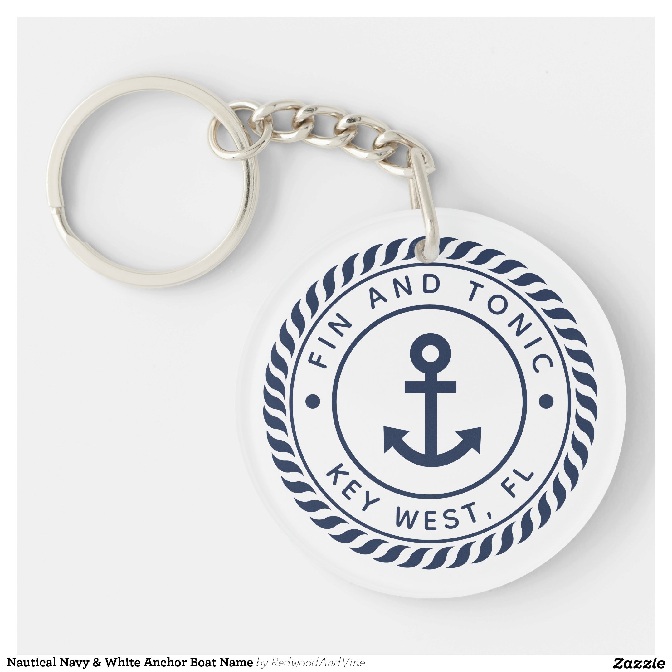 Nautical Navy & White Anchor Boat Name Keychain