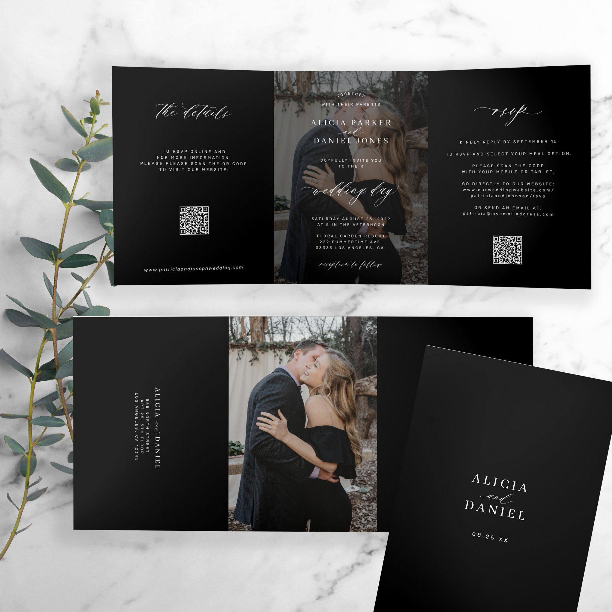 Elegant photo black wedding RSVP details QR code Tri-Fold Invitation