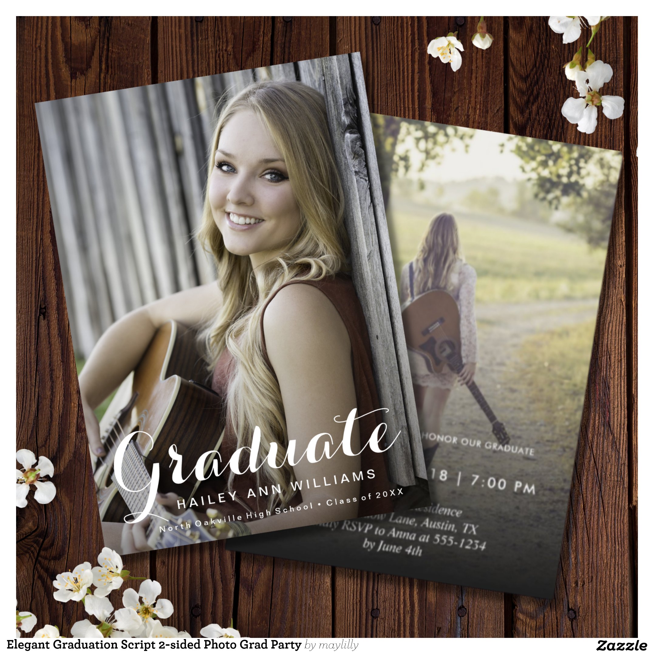 Elegant Graduation Script 2-sided Photo Grad Party Invitation