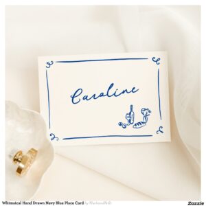 Whimsical Hand Drawn Navy Blue Place Card