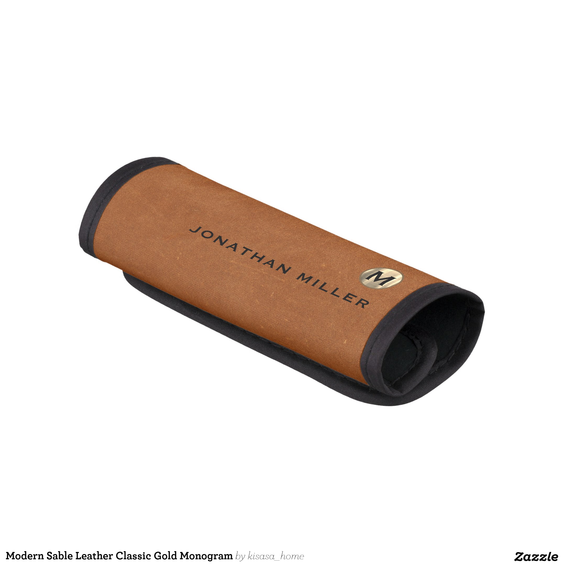 Modern Sable Leather Classic Gold Monogram Luggage Handle Wrap