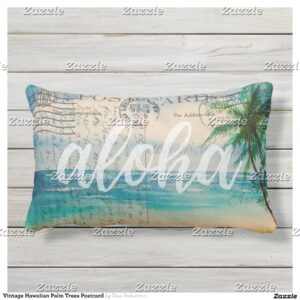 Vintage Hawaiian Palm Trees Postcard Lumbar Pillow